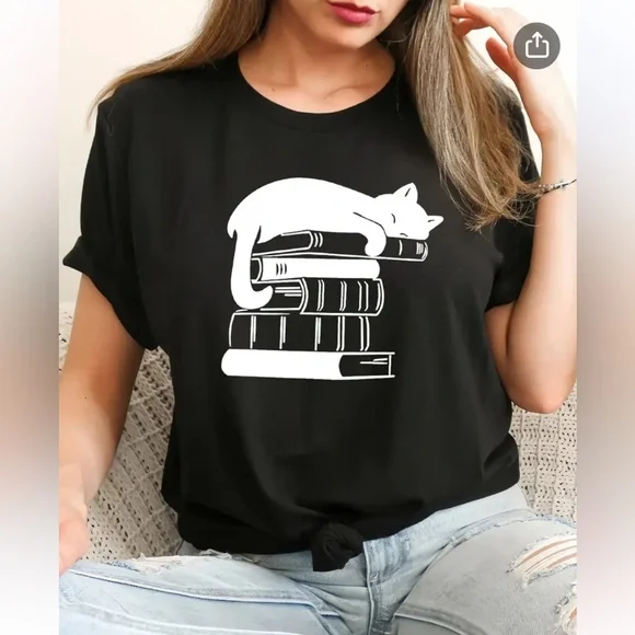 Black Cat and Books Graphic T-Shirt - Picture 1 of 8